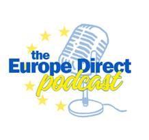 Logo of Europe Direct podcast, a microphone of an older model, and text in blue and yellow plus EU stars