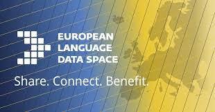Logo of European Language Data Space - with the slogan "Share. Connect. Benefit". A map of Europe over blue and yellow