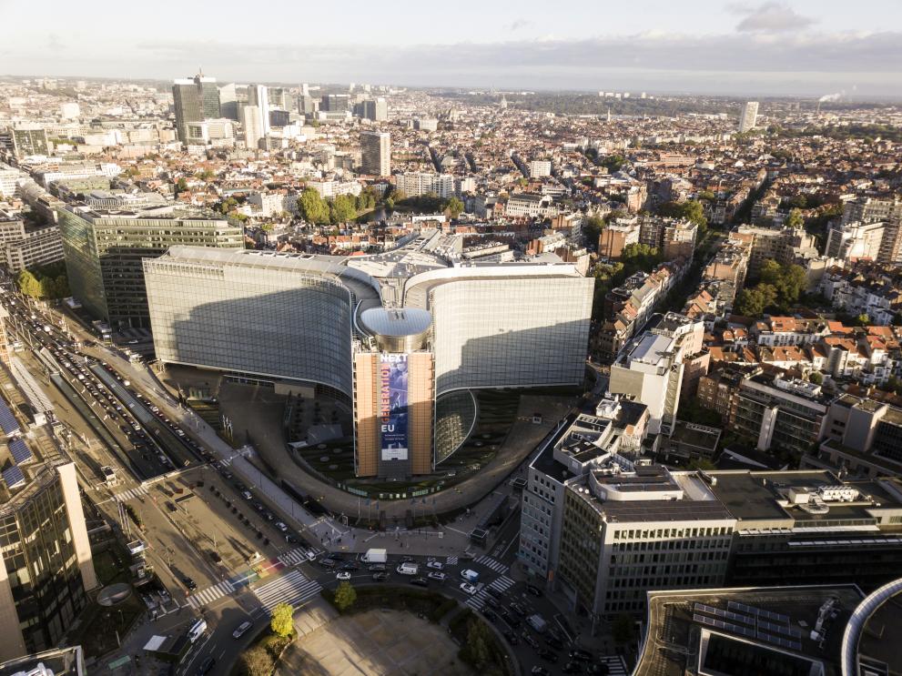 Flygfoto över Berlaymont, EU-kommissionens högkvarter i Bryssel, Belgien.