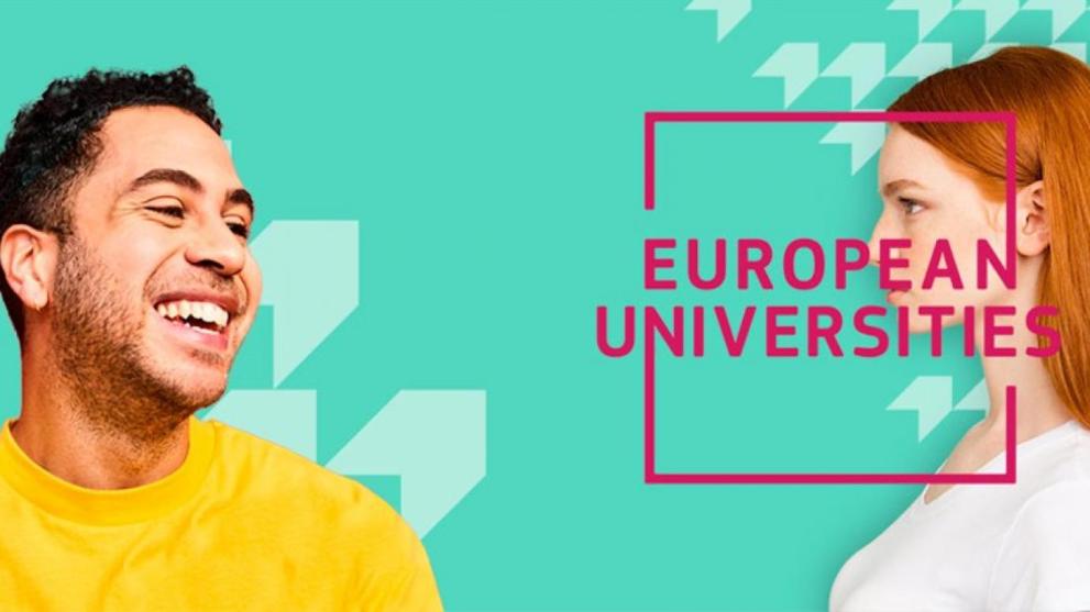 Foto av två studenter, text på engelska: "European Universities"