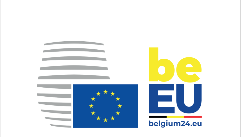 Council symbol next to EU flag and Belgian presidency logo for 2024