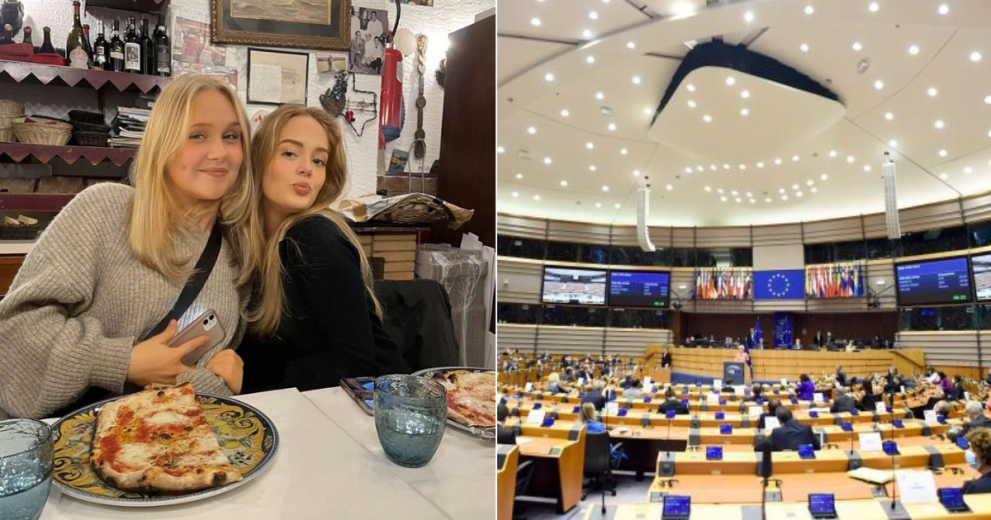 Bildcollage med Sally och Lova och Europaparlamentets kammare i Bryssel