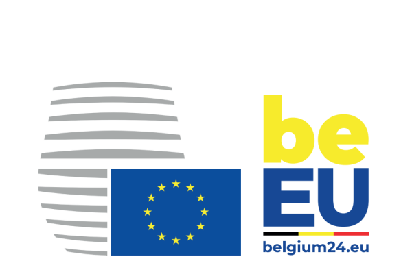 Council symbol next to EU flag and Belgian presidency logo for 2024