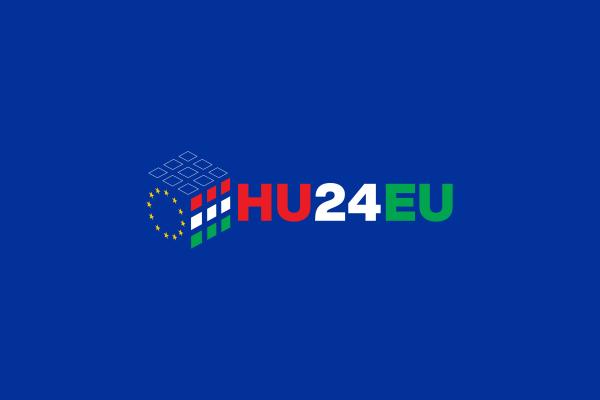 Anspelning på Rubiks kub med Ungerns flagga på en sida, EU-flaggan på en annan, och blåa rutor på en tredje